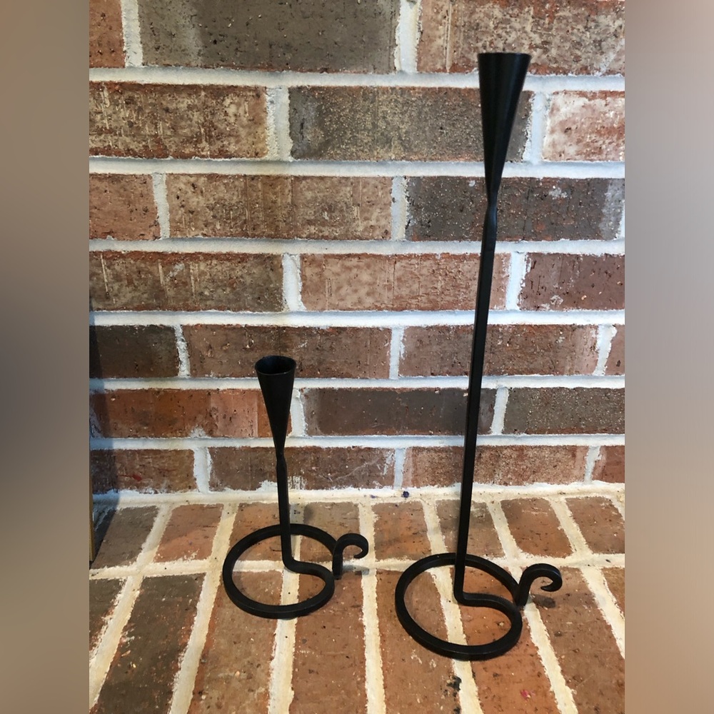 unique pair of vintage black metal candlestick holders 8 and 16.5” long